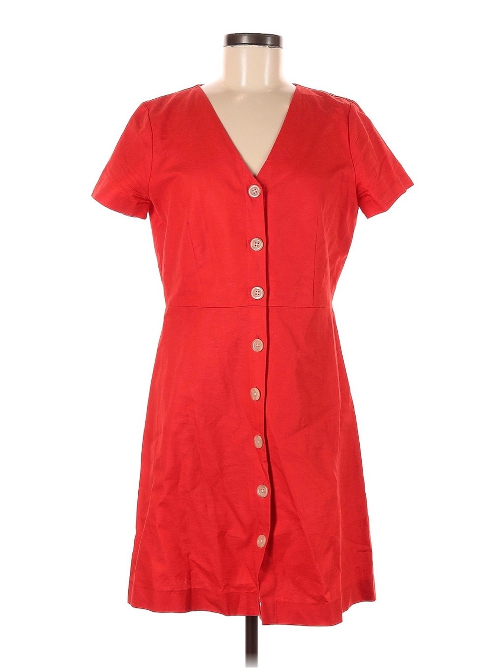 Ann Taylor Red Button-Front V-Neck Short Sleeve Linen Cotton Fit Flare Dress 8 M